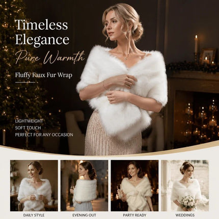 White Ladies Fluffy Faux Fur Wrap Elegant Party Shoulder Cape