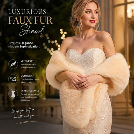 Cream Soft Fluffy Faux Fur Shawl Women Party Wrap Cape