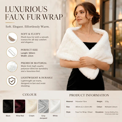 Cream Soft Fluffy Faux Fur Shawl Women Party Wrap Cape
