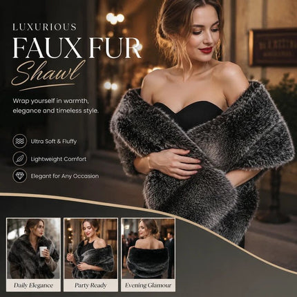 Grey Jacquard Fluffy Faux Fur Wrap Ladies Evening Party Stole