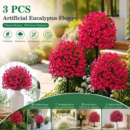 Rose Pink Faux Violet Eucalyptus Stems 3 Pack Balcony Yard Floral Prop