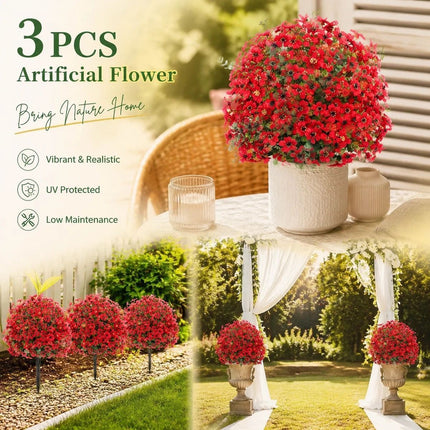 Bright Red Artificial Eucalyptus Stems 3Pcs Home Vase Garden Landscape