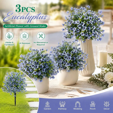 Sky Blue Faux Floral Greenery 3 Pack Garden Stake Home Interior
