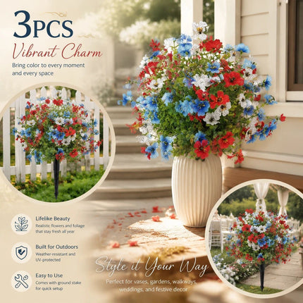 Red Blue White Mixed Artificial Stems 3 Pack Home Garden Landscape Greenery