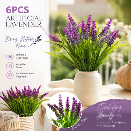 Lotus Pink 7 Fork Faux Lavender Fake Greenery Home Patio Decor Set of 6