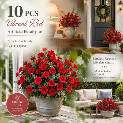 Red Faux Eucalyptus Pansy Floral Stems Patio Vase Ornament 10 Pack