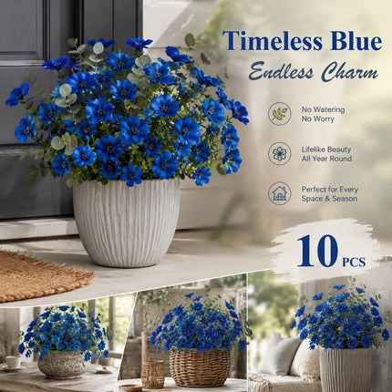 Blue Artificial Eucalyptus Pansy Fake Flower Stems Home Styling 10 Pack