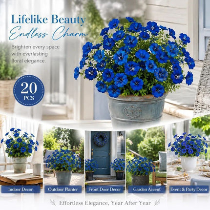 Blue Faux Eucalyptus Pansy Fake Flower Stems Yard Landscape Decor 20 Pack