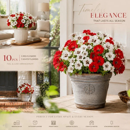 White & Red Mixed Faux Eucalyptus Pansy Stems Table Decor Set of 10