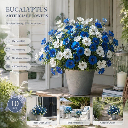 White & Blue Mixed Artificial Eucalyptus Pansy Floral Stems 10 Pack