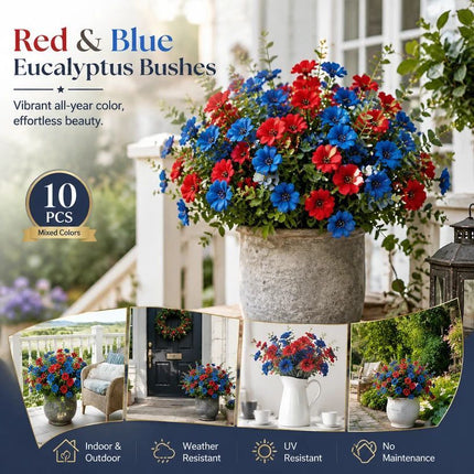 Red & Blue Mixed Faux Eucalyptus Pansy Greenery Home Ornament 10 Pack
