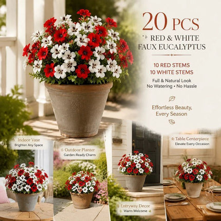 White & Red Mixed Artificial Eucalyptus Pansy Stems Patio Display 20 Pack