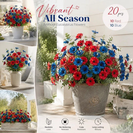 Red & Blue Mixed Artificial Eucalyptus Pansy Fake Flower Stems Yard Decor 20 Pack