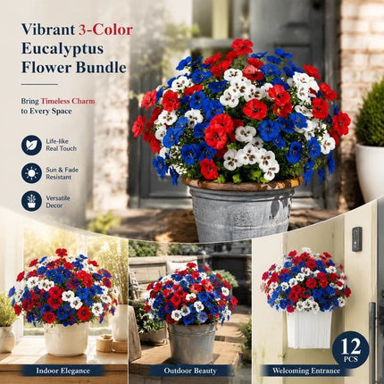White Red Blue Mixed Faux Eucalyptus Pansy Stems Home Vase Decor Set