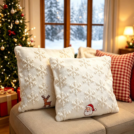 Set of 2 Christmas Cushion Covers - Snowflake & Christmas Stocking Embroidery (Pillow filling not included)