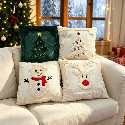 Set of 2 Christmas Cushion Covers - Snowflake & Snowman Embroidery (Pillow filling not included)
