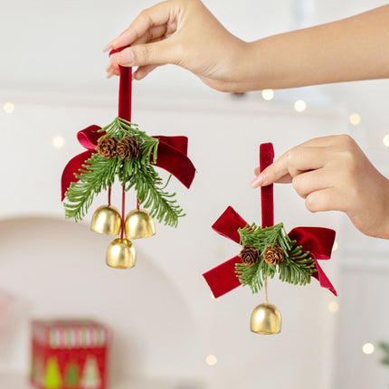 2 Pack D7 Christmas Wood Strip Pinecone Double Bells Green