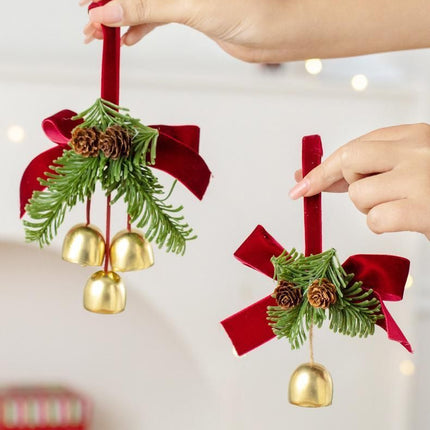 2 Pack D7 Christmas Wood Strip Pinecone Double Bells Green