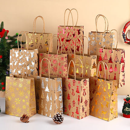 20Pcs Christmas Kraft Gift Bags, Red Gold Hot Stamping Snowflake, 15×8×21cm