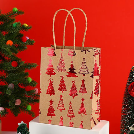 20Pcs Christmas Kraft Gift Bags, Red Gold Hot Stamping Christmas Tree, 15×8×21cm