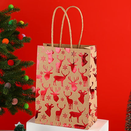 20Pcs Christmas Kraft Gift Bags, Red Gold Hot Stamping Reindeer, 15×8×21cm