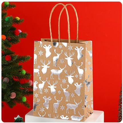 20Pcs Christmas Kraft Gift Bags, Silver Hot Stamping Reindeer, 15×8×21cm