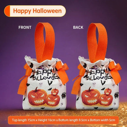 8Pcs Orange Background Skull Halloween Drawstring Bags with Bat Doll