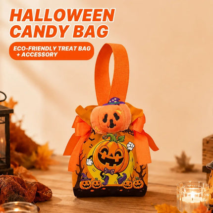 8Pcs Orange Background Skull Halloween Drawstring Bags with Bat Doll