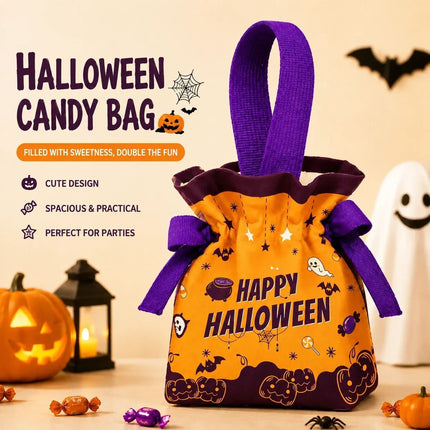 8Pcs Orange Background Pumpkin Halloween Drawstring Bags with Pumpkin