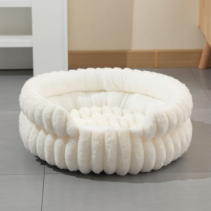 Plush Round Bed - Cream White, Size M: 50×50×15cm