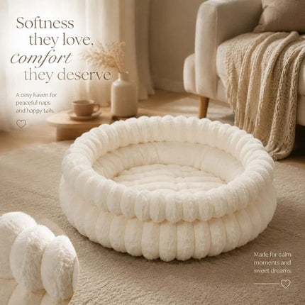 Plush Round Bed - Cream White, Size L: 60×60×15cm