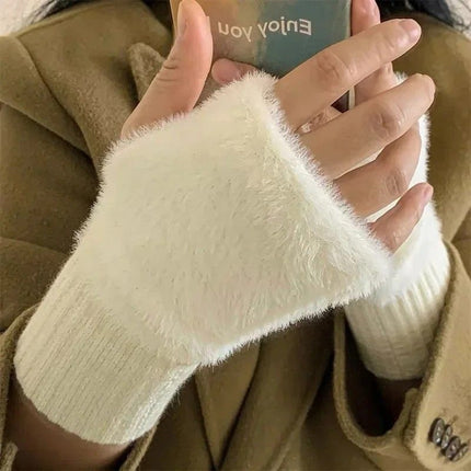Women's Comfortable Fingerless Gloves - Soft, Warm, and Fashionable Pure White Winter Gloves, Suitable for Cold Weather or Casual Wear, Hand Washable, Ladies' Gloves.white