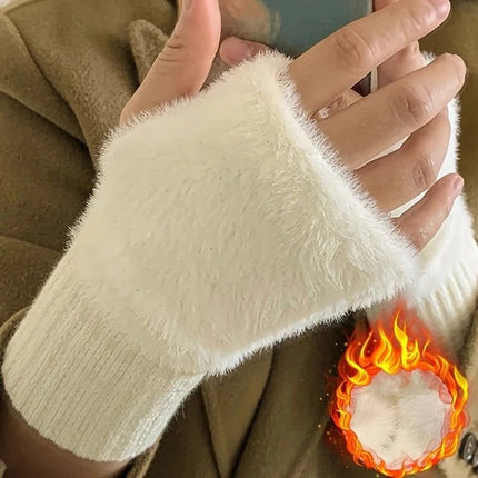 Women's Comfortable Fingerless Gloves - Soft, Warm, and Fashionable Pure White Winter Gloves, Suitable for Cold Weather or Casual Wear, Hand Washable, Ladies' Gloves.white