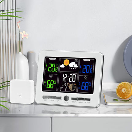Indoor Outdoor Weather Station Color LCD Atomic Clock Barometer Forecast Dual Alarm Snooze Calendar Time Date Moon Phase Adjustable Backlight.white
