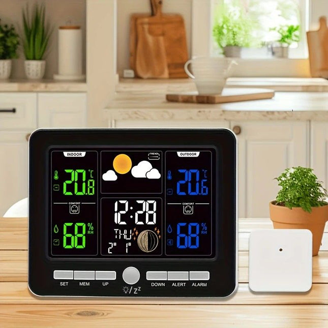 Indoor Outdoor Weather Station Color LCD Atomic Clock Barometer Forecast Dual Alarm Snooze Calendar Time