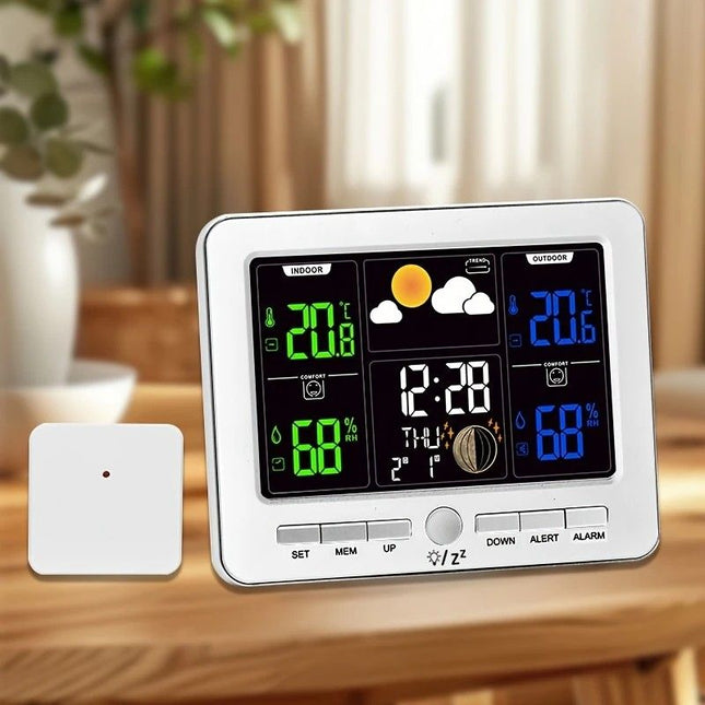 Indoor Outdoor Weather Station Color LCD Atomic Clock Barometer Forecast Dual Alarm Snooze Calendar Time – product detail