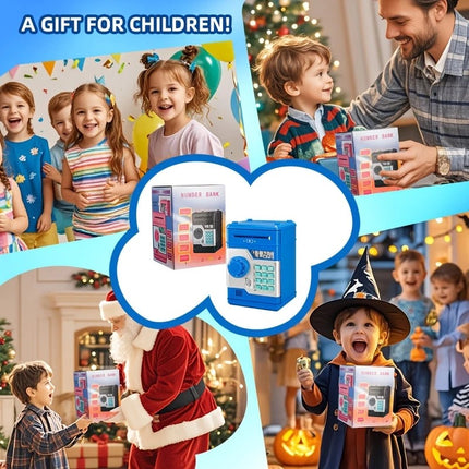 Children's Password Piggy Bank, Dual Lock,BLUE  Automatic Bill Intake, Develops Savings Habit, Multiple Colors Available, Battery Not Included