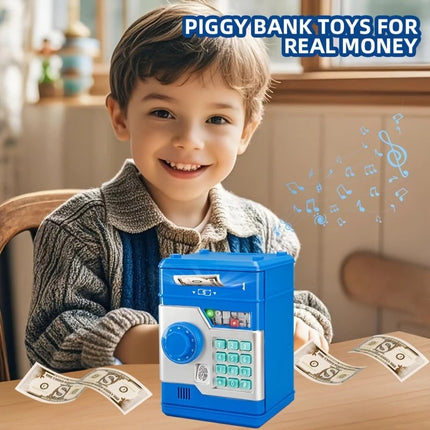 Children's Password Piggy Bank, Dual Lock,BLUE  Automatic Bill Intake, Develops Savings Habit, Multiple Colors Available, Battery Not Included