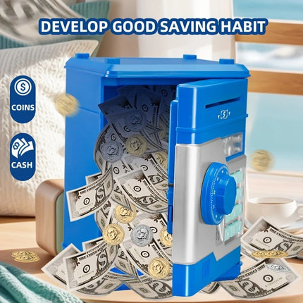 Children's Password Piggy Bank, Dual Lock,BLUE  Automatic Bill Intake, Develops Savings Habit, Multiple Colors Available, Battery Not Included
