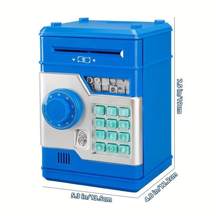 Children's Password Piggy Bank, Dual Lock,BLUE  Automatic Bill Intake, Develops Savings Habit, Multiple Colors Available, Battery Not Included