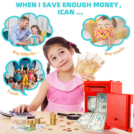 Children's Password Piggy Bank, Stores Coins & Paper Money, Auto Roll-Up, Sound & Light Interaction, Fosters Good Savings Habits. Battery Not Included.BLUE