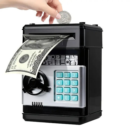 BLACK Children's Password Piggy Bank, Stores Coins & Paper Money, Auto Roll-Up, Sound & Light Interaction, Fosters Good Savings Habits. Battery Not Included