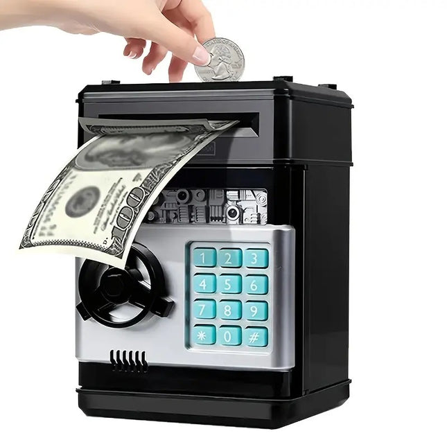 BLACK Children's Password Piggy Bank Stores Coins & Paper Money Auto Roll-Up Sound & Light – product detail