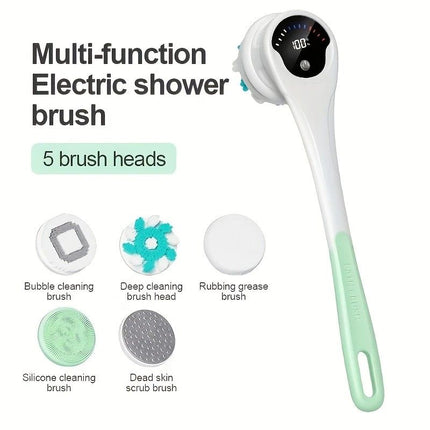 Multi-Function Electric Body Brush: 360° Rotation, Auto-Cleaning, 5 Brush Heads, 3-Speed Adjustment, Wet & Dry Use for Home Spa Experience.GREY