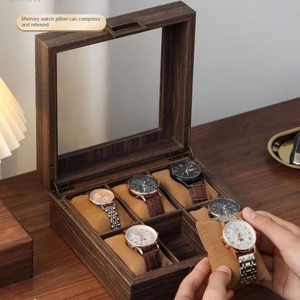 Wood Grain Faux Leather Watch Storage Box - 6-Compartment Dustproof Display Case, Soft Lined Interior, Hinged Flip-Top Lid, Suitable for Home and Retail Use, Decorative Storage Box