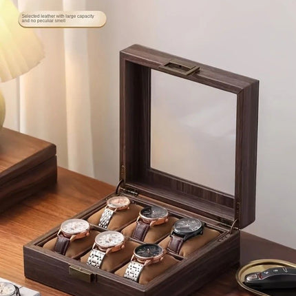 Wood Grain Faux Leather Watch Storage Box - 6-Compartment Dustproof Display Case, Soft Lined Interior, Hinged Flip-Top Lid, Suitable for Home and Retail Use, Decorative Storage Box