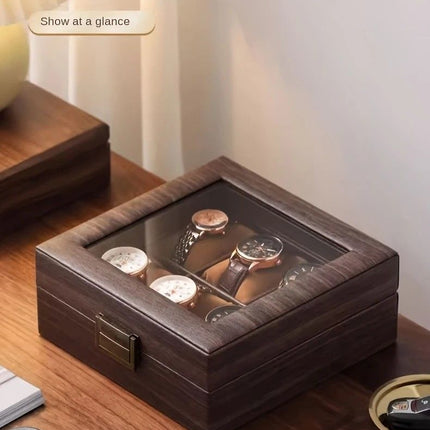 Wood Grain Faux Leather Watch Storage Box - 6-Compartment Dustproof Display Case, Soft Lined Interior, Hinged Flip-Top Lid, Suitable for Home and Retail Use, Decorative Storage Box