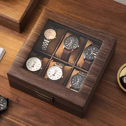 Wood Grain Faux Leather Watch Storage Box - 6-Compartment Dustproof Display Case, Soft Lined Interior, Hinged Flip-Top Lid, Suitable for Home and Retail Use, Decorative Storage Box