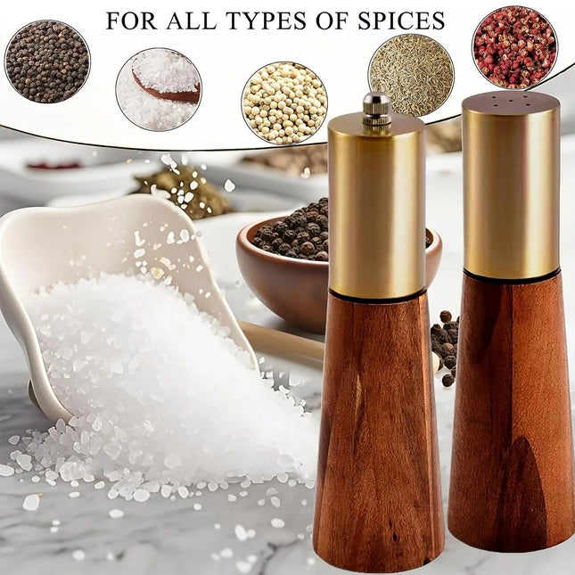 Salt and Pepper Grinder Set with Wooden Base Stainless Steel Manual Salt and Pepper Mills Adjustable – product detail