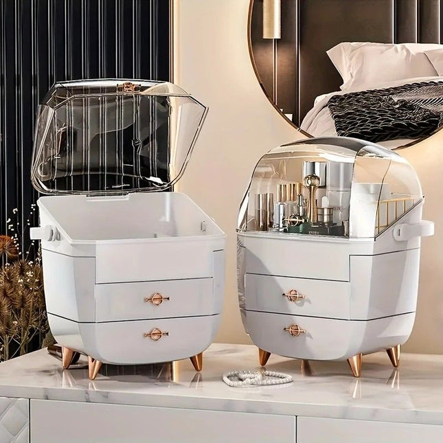 WHITE Luxury Transparent Flip-top Cosmetic Organizer Large Capacity with Smart Compartments Dustproof & – product detail